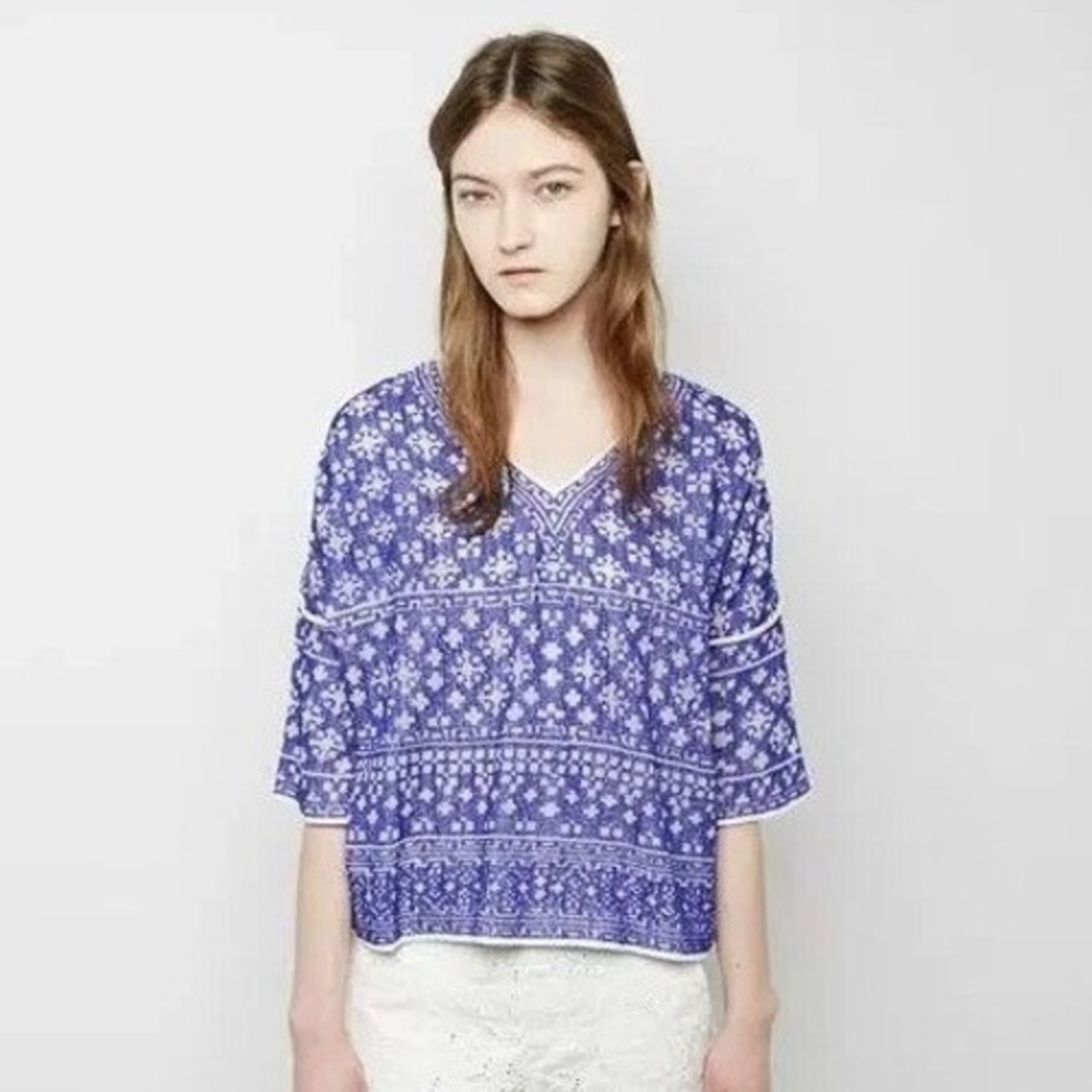 Isabel Marant Etoile Bela Embroidered Intarsia Top Blue White V-Neck Boxy Medium